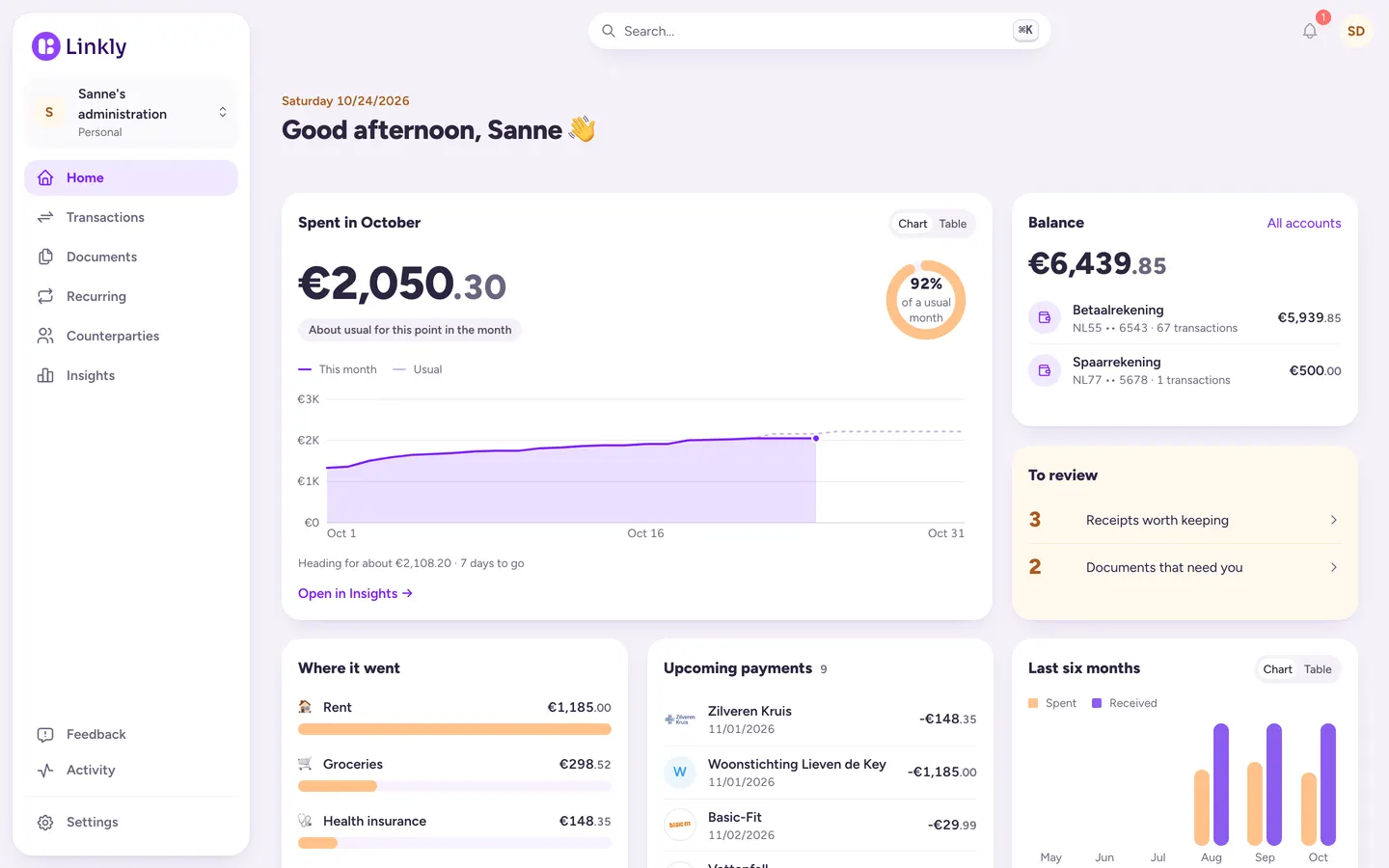 Linkly's home page with this month's spending by category and the balance of the accounts.