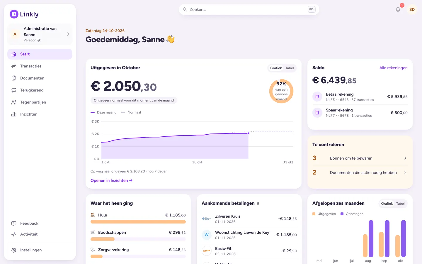 Startpagina van Linkly met de uitgaven van deze maand per categorie en het saldo van de rekeningen.